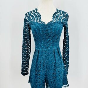Charlotte Russe Teal Crochet Lace Long Sleeve Romper, M